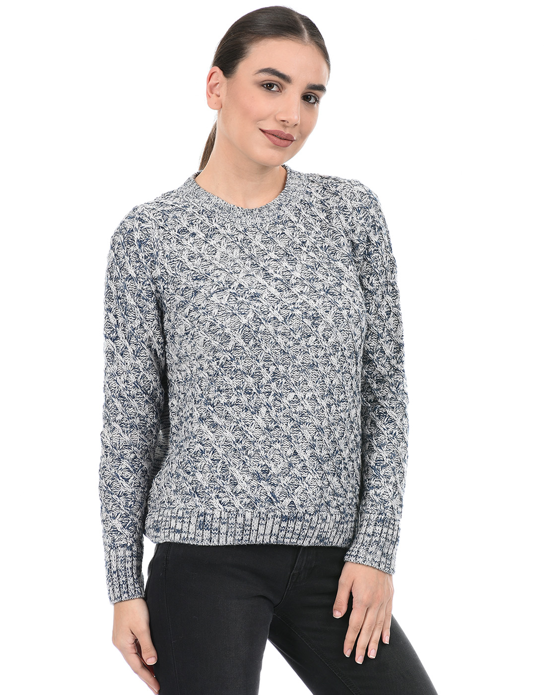 Species Women Self Design Blue Sweater